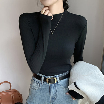 Camiseta informal de manga larga con cuello redondo, color liso y media caña para mujer