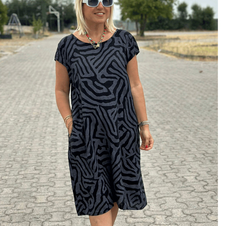 Summer Women Casual Loose Plus Size Leopard Multicolor Printed Short Sleeve Dress