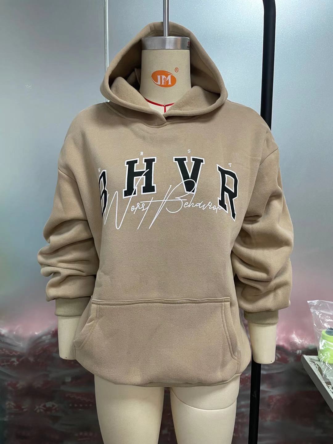 Women Fashion Casual Letter Printing Velvet Warm Long Sleeve Hooded Sweatshirt