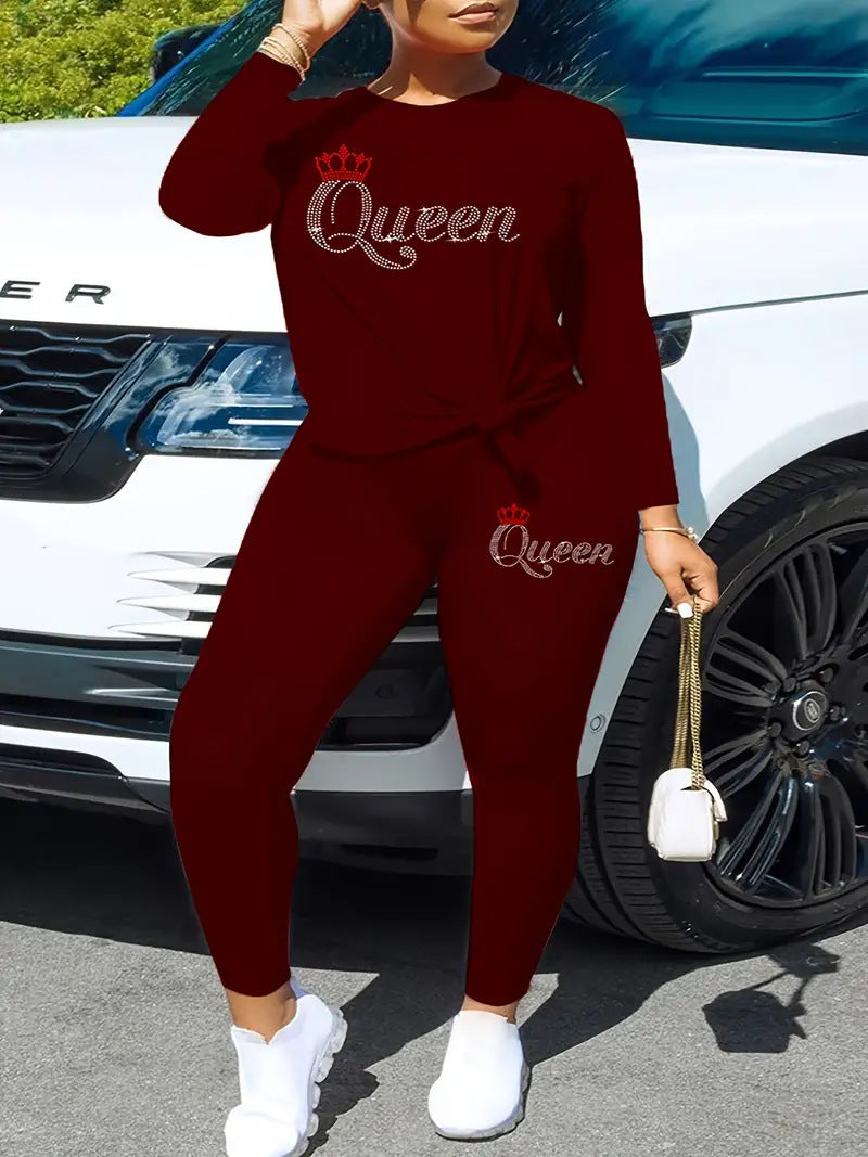 Conjunto de dos piezas de top y pantalones de manga larga con cuello redondo y estampado de corona y letras Queen para mujer, informal, a la moda, talla grande