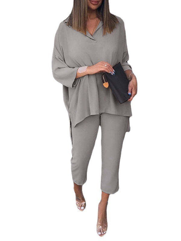 Conjunto de dos piezas de top y pantalón de manga larga con cintura elástica informal de algodón de color liso para mujer