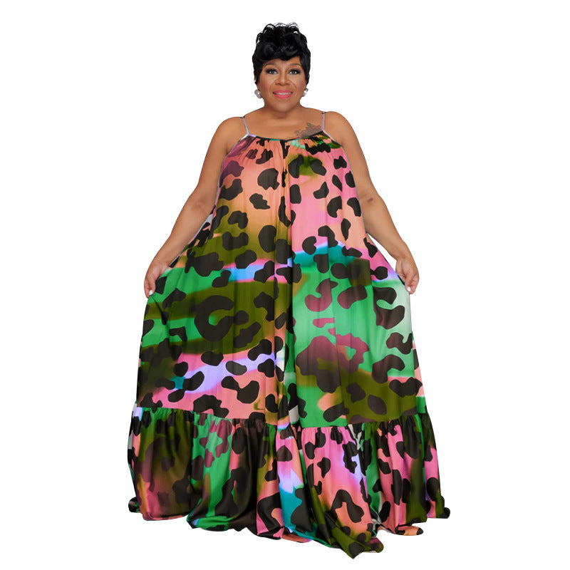 Women Plus Size Casual Loose Floral Leopard Print Spaghetti Strap Maxi Dress