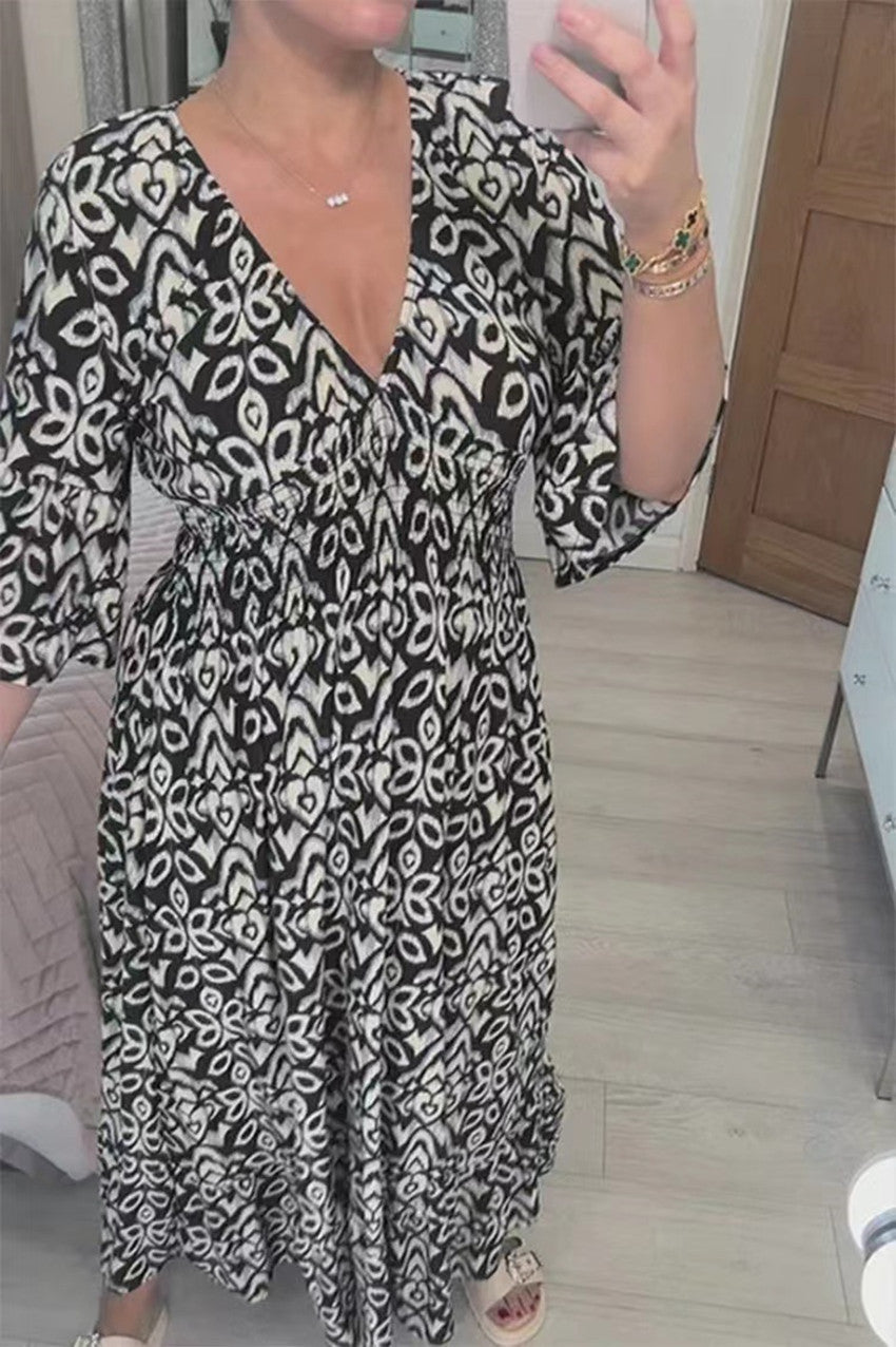 Casual Fashion Women Floral V Neck Loose Maxi Dress