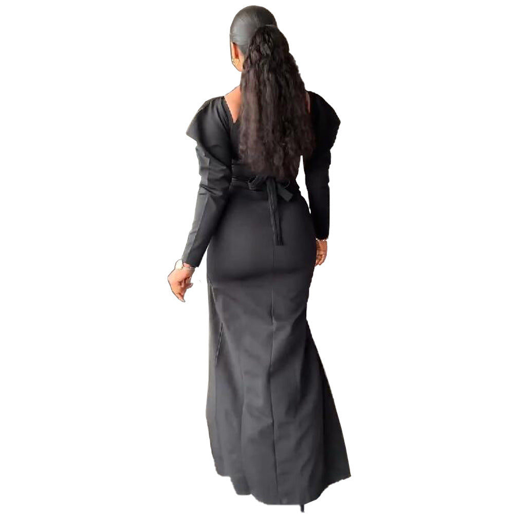 Women Fashion Casual Sexy Solid Color Cool-Shoulder Slit Invisible Zipper Maxi Dress Long Skirt With Belt