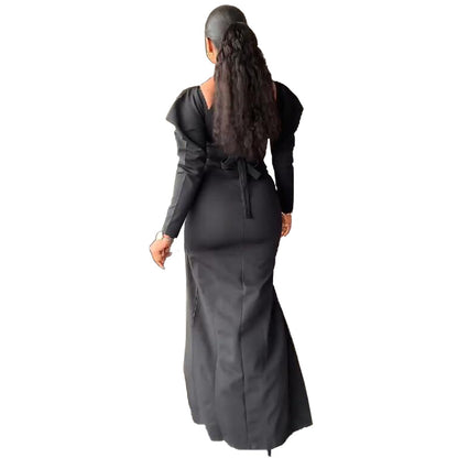Women Fashion Casual Sexy Solid Color Cool-Shoulder Slit Invisible Zipper Maxi Dress Long Skirt With Belt