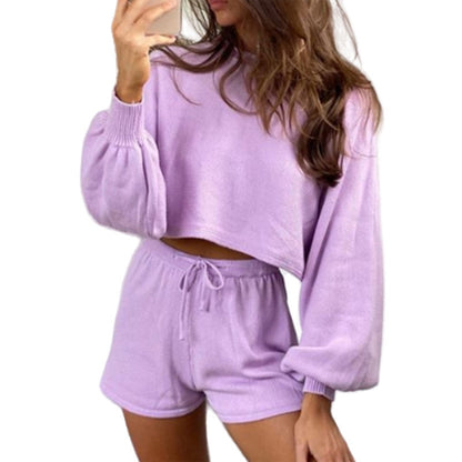 Women Casual Solid Color Knitted Long-Sleeve Sweater Drawstring Shorts Two-Piece Set