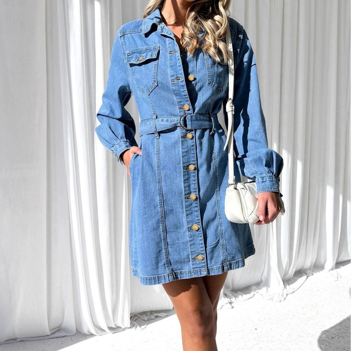 Women Fashion Casual Button Lace-Up Long Sleeve Denim Dress