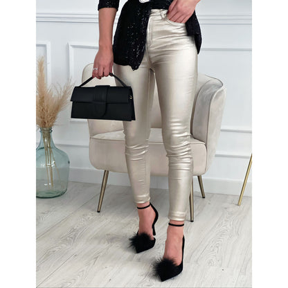 Pantalones ajustados casuales con diseño de bolsillo ajustado metálico sólido para mujer