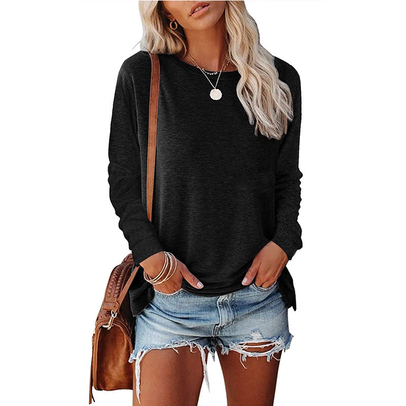 Camiseta informal holgada de manga larga con cuello redondo para mujer