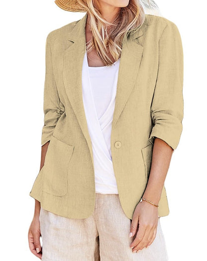 Chaqueta blazer informal de manga larga con solapa y botonadura sencilla de color liso para mujer