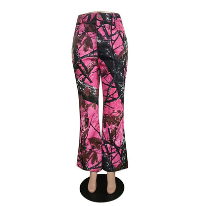 Women Fashion Casual Pink Camouflage High Waist Slim-Fit Pants
