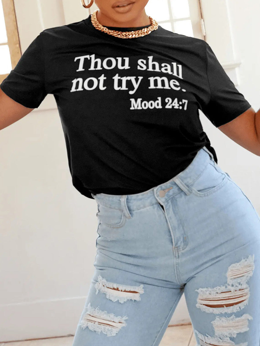 Camiseta informal de manga corta con cuello redondo y estampado de letras para mujer