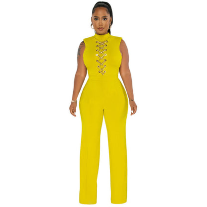 Women Solid Color High Waist Casual Wide Leg Jumpsuit