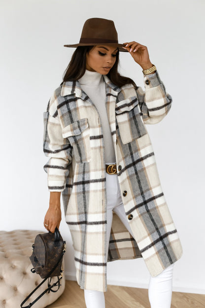 Abrigo de invierno para mujer, de manga larga, con solapa abotonada, informal, cálido, a cuadros