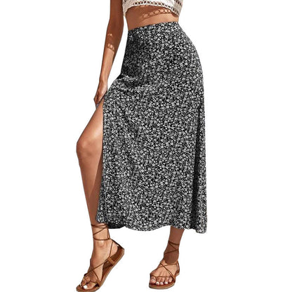 Women Fashion Casual Tiny Flower Printing Slit Skirt