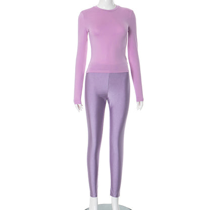 Conjunto de dos piezas formado por camiseta y pantalón de cintura alta, manga larga, cuello redondo, color liso, informal, para mujer