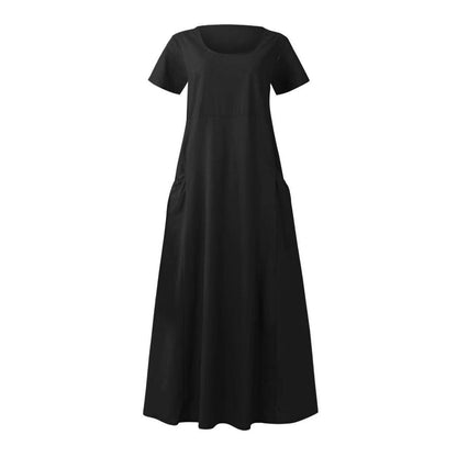 Women Casual Solid Color Cotton Linen Round Neck Short Sleeve Loose Dress