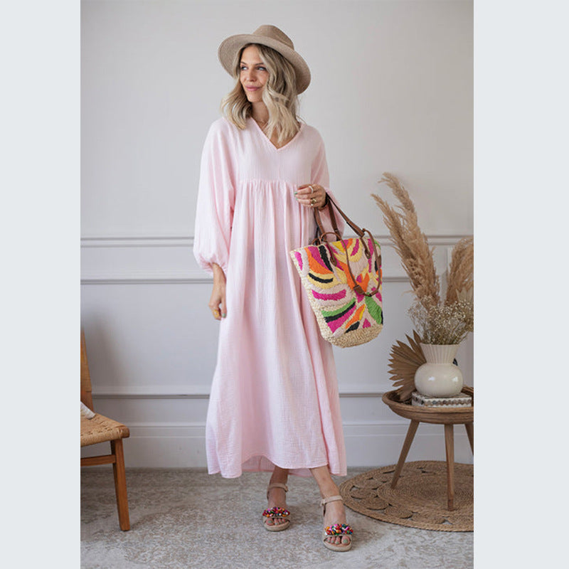 Bohemian Women Casual Solid Color Loose Long Sleeve Maxi Dress