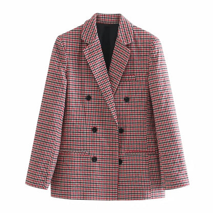 Blazer retro informal de manga larga a cuadros con botonadura sencilla para mujer