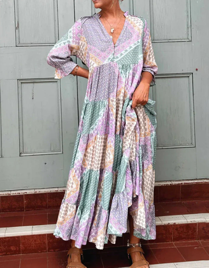 Summer Women Fashion Casual V-Neck Geometric Print Long Sleeve Maxi Dress