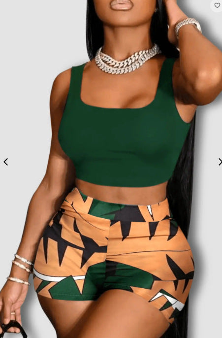 Conjunto de dos piezas con camiseta sin mangas y pantalones cortos con estampado gráfico para mujer, estilo playero informal para vacaciones