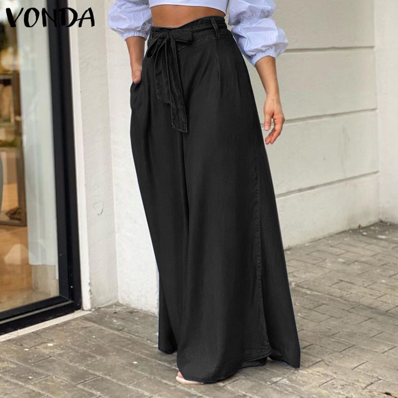 Pantalones vaqueros elegantes de cintura alta con cordones y pierna ancha para mujer, pantalones vaqueros casuales de talla grande