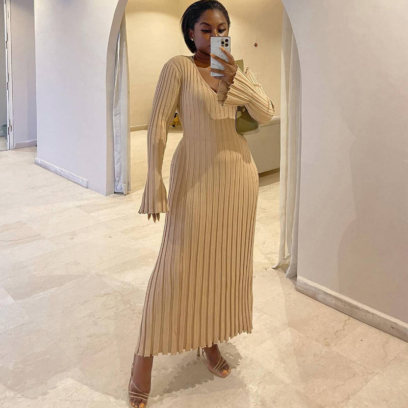 Autumn Winter Women Elegant Solid Color Casual V-Neck Knitted Long Dress