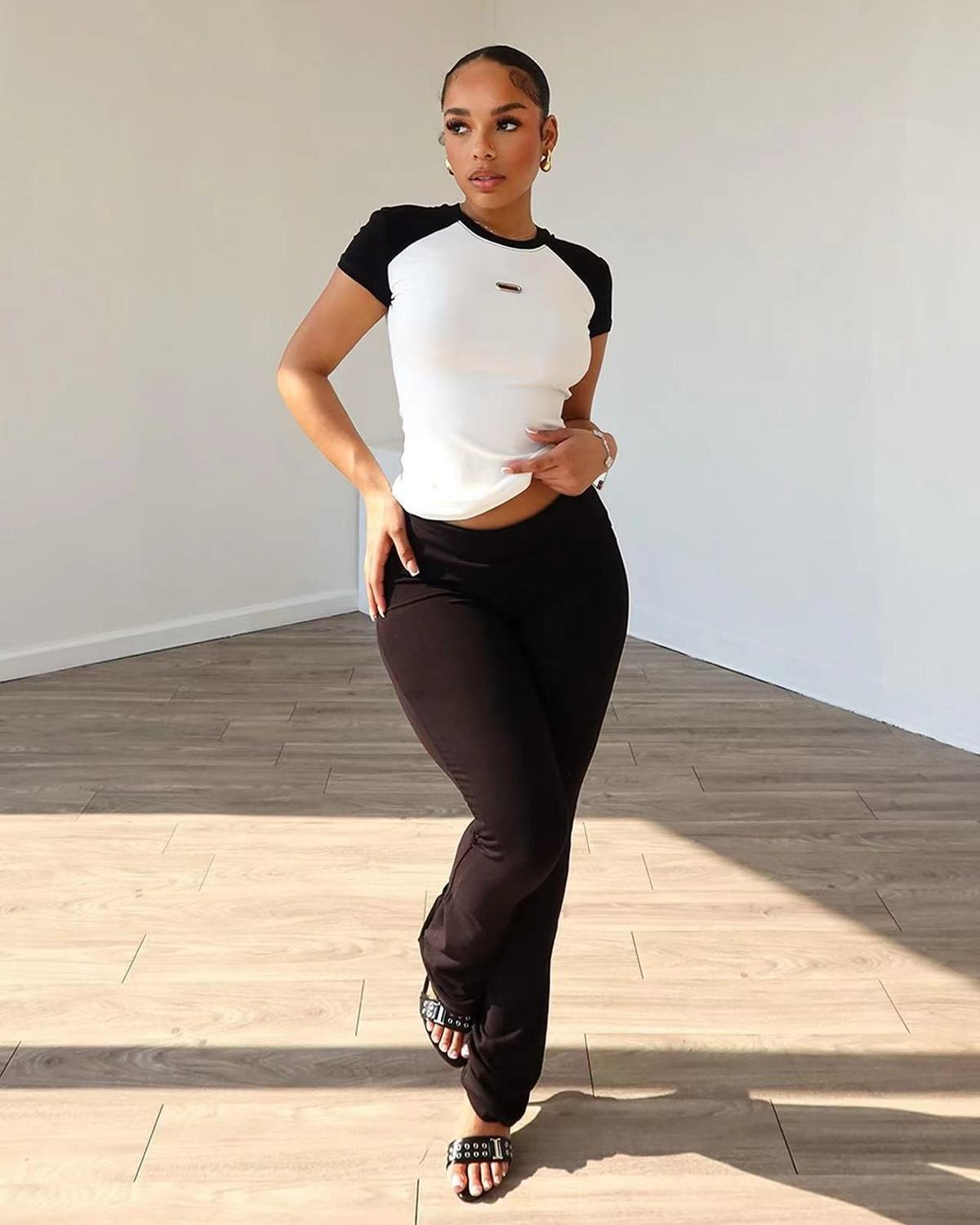 Summer Women Casual Round Neck Short-Sleeved T-Shirt Top Pants Two-Piece Set