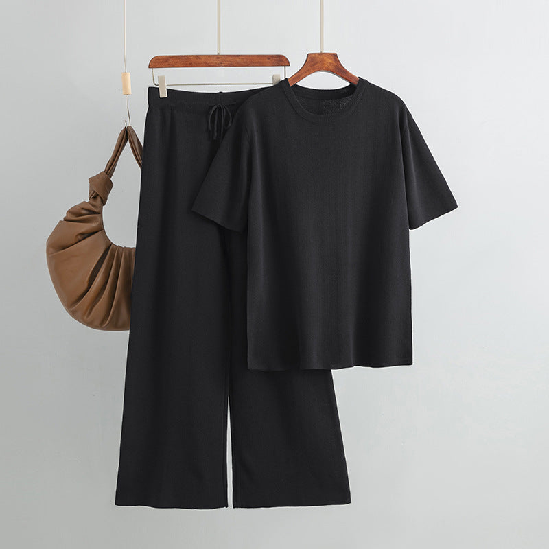 Conjunto de dos piezas de punto con top de manga corta y pernera ancha de color liso para mujer