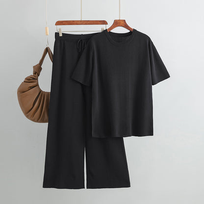Conjunto de dos piezas de punto con top de manga corta y pernera ancha de color liso para mujer
