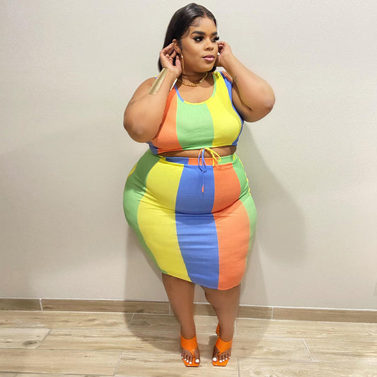 Women Summer Casual Multicolor Sleeveless Crop Top And Skirt Set
