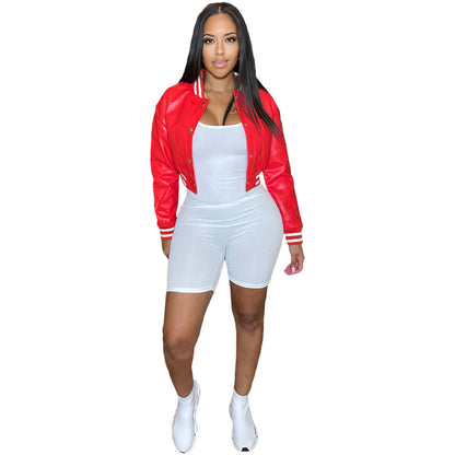 Uniforme de béisbol informal de cuero sintético con mangas largas y bloqueo de color para mujer