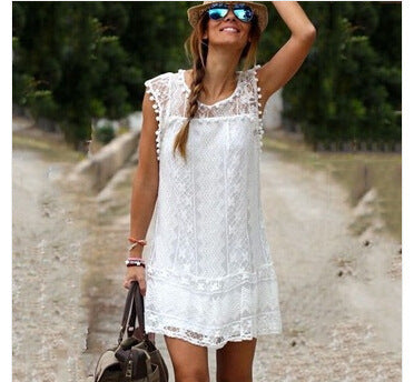 Vestido suelto sin mangas de encaje de color sólido informal de moda para mujer
