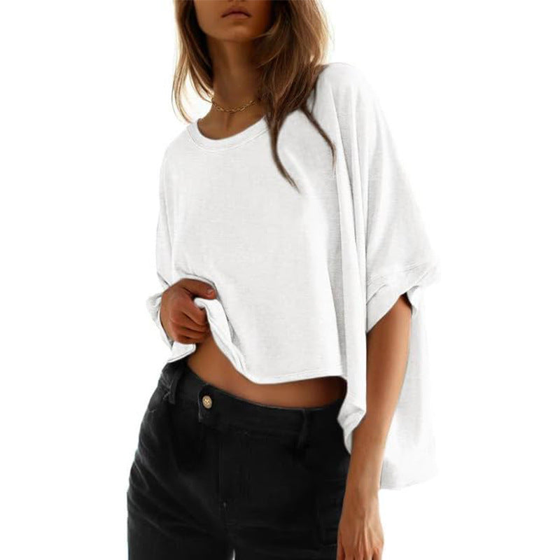 Camiseta informal holgada de manga corta con cuello redondo y estampado de murciélago para mujer