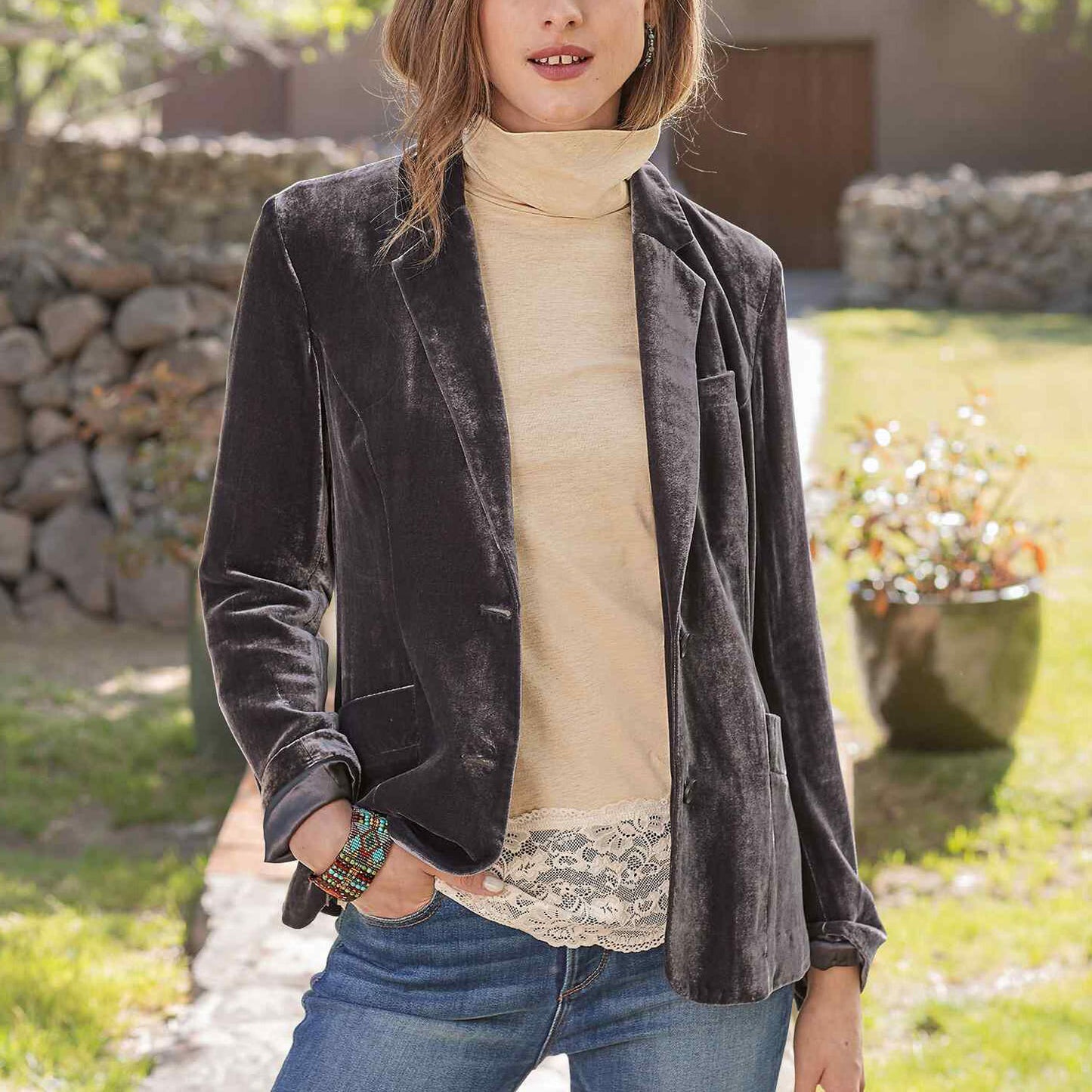 Chaqueta de traje de terciopelo dorado de color liso informal a la moda para mujer