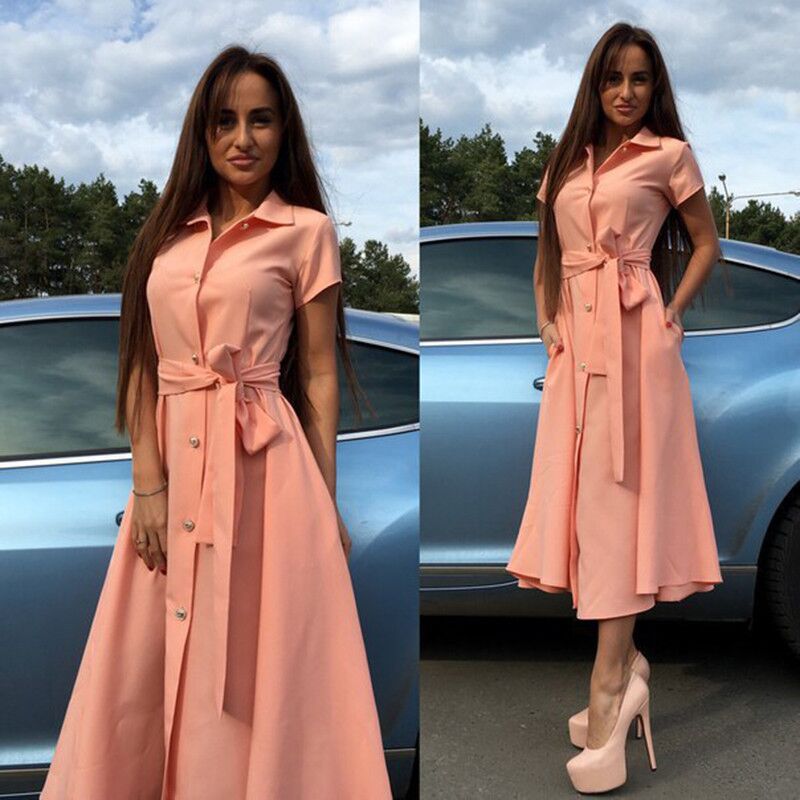 Women Casual Elegant Solid Color Short Sleeve Lapel Buttoned Midi Dress