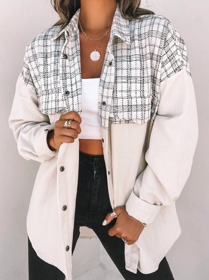 Women Casual Lapel Long Sleeve Pocket Plaid Patchwork Single-breasted Corduroy Shacket