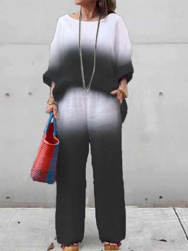 Conjunto de dos piezas de verano para mujer, informal, con degradado, manga larga, pantalones anchos y parte superior