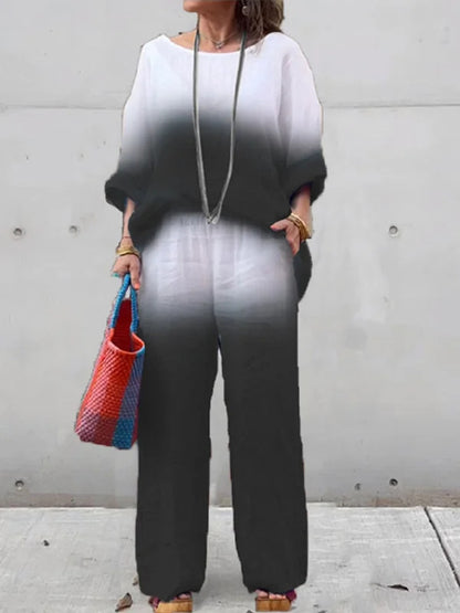 Conjunto de dos piezas de verano para mujer, informal, con degradado, manga larga, pantalones anchos y parte superior