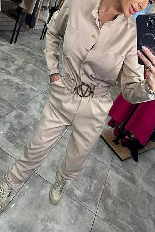 Women Fashion Casual Defined Waist Long Sleeve Shirt Jumpsuits