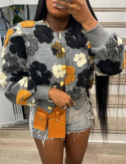 Chaqueta informal de felpa con cuello redondo y manga larga de jacquard para mujer