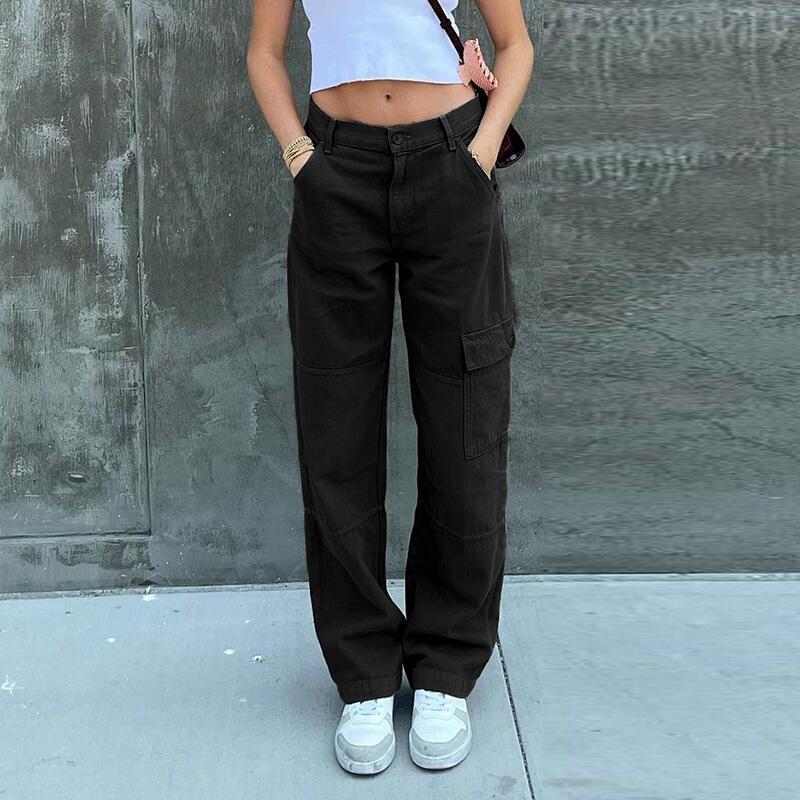 Pantalones vaqueros cargo de mezclilla de color sólido con cintura alta y bolsillos casuales para mujer