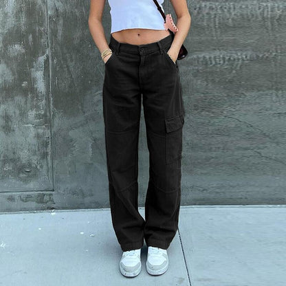 Pantalones vaqueros cargo de mezclilla de color sólido con cintura alta y bolsillos casuales para mujer