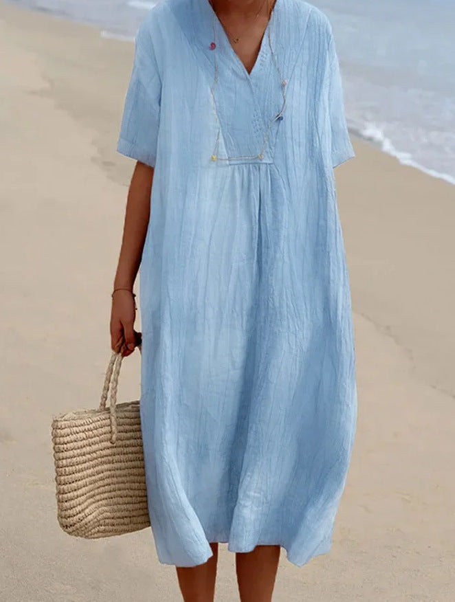 Vestido informal de lino y algodón con cuello en V y color liso para mujer
