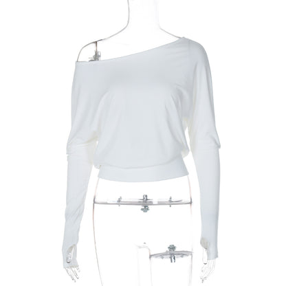Camiseta holgada informal de manga larga con hombros oblicuos para mujer