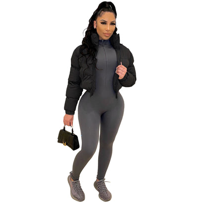 Abrigo acolchado con cremallera de manga larga de color liso informal básico de invierno para mujer