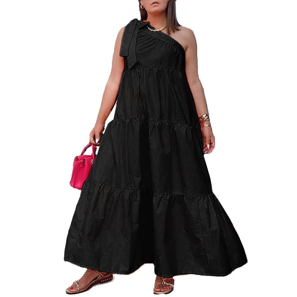 Women Fashion Casual Irregular One Shoulder Solid Color Loose Maxi Dress