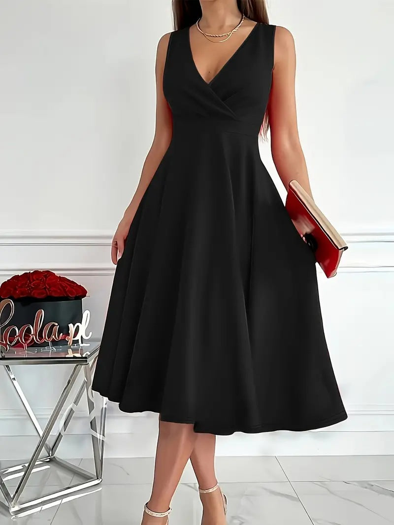 Simple Basic Solid Color Casual Sleeveless V Neck Midi Dress
