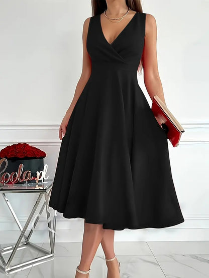 Simple Basic Solid Color Casual Sleeveless V Neck Midi Dress