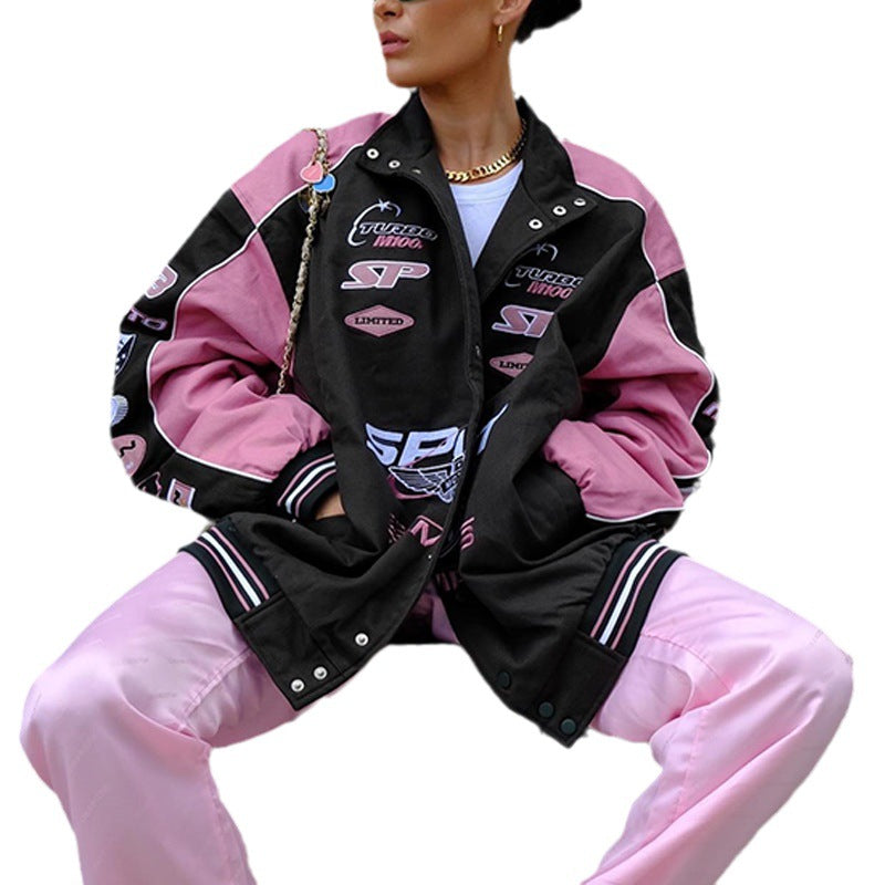 Chaqueta de béisbol de manga larga con estampado de letras rosa informal para mujer